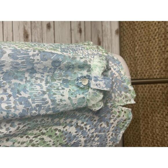 Ruby Rd multicolored V-neck roll tab sleeve semi sheer button-up top Size 14P - Picture 5 of 8